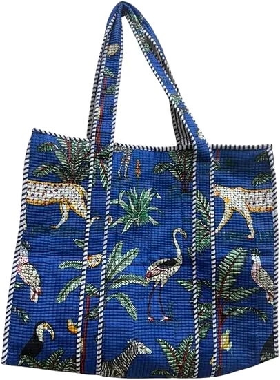 Quilted cotton tote — tropical garden