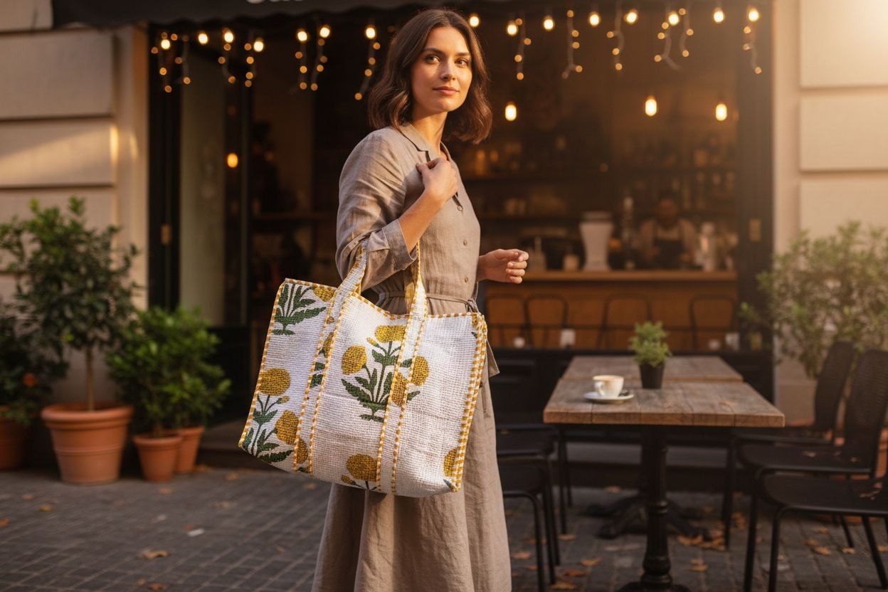 Woman carrying a marigold hand block printed quilted cotton tote outside a café
