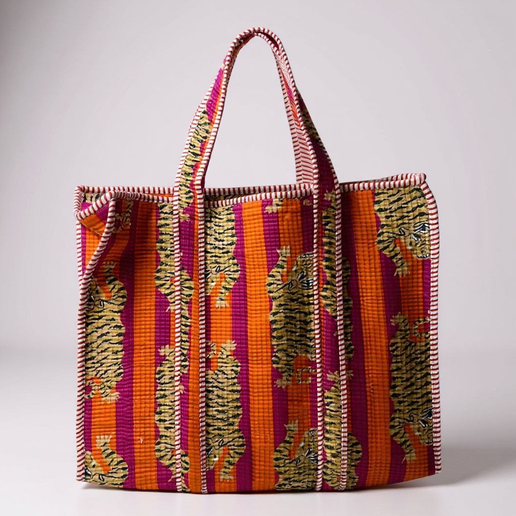 Tiger stripe hand block printed quilted cotton tote bag