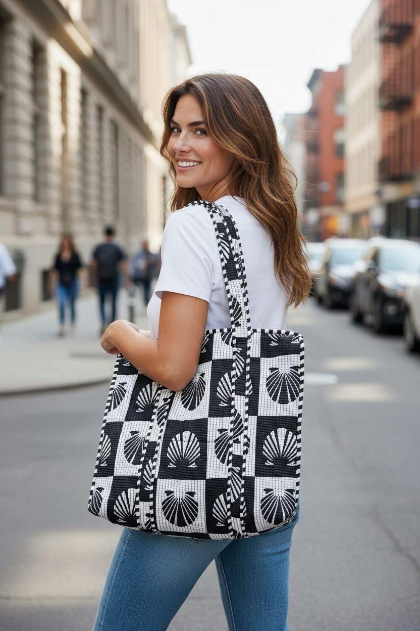 Woman carrying a monochrome shell print quilted tote on a city street