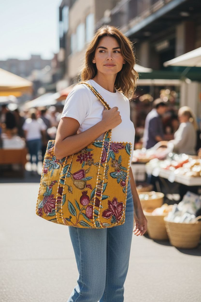 Woman carrying a mustard floral block print tote through a market