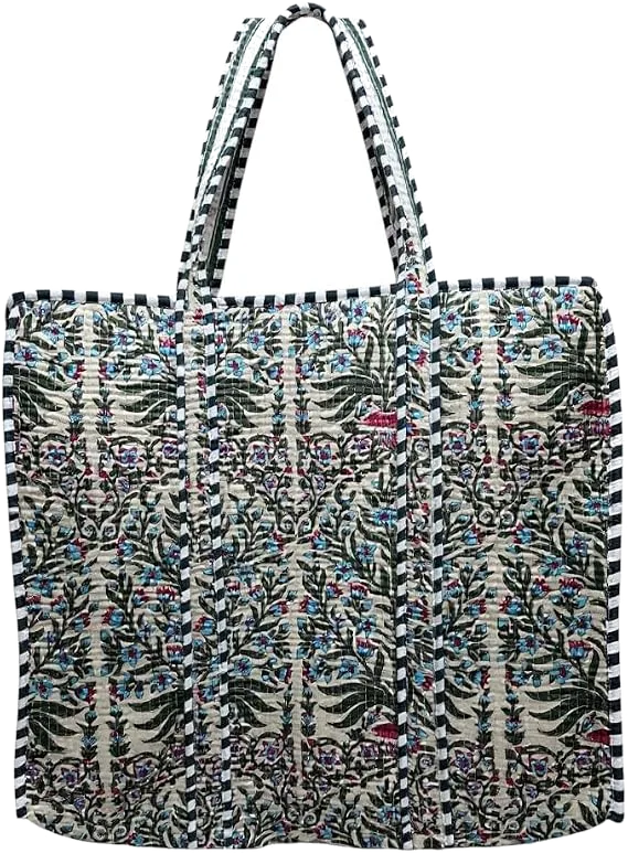 Quilted cotton tote — botanical maze