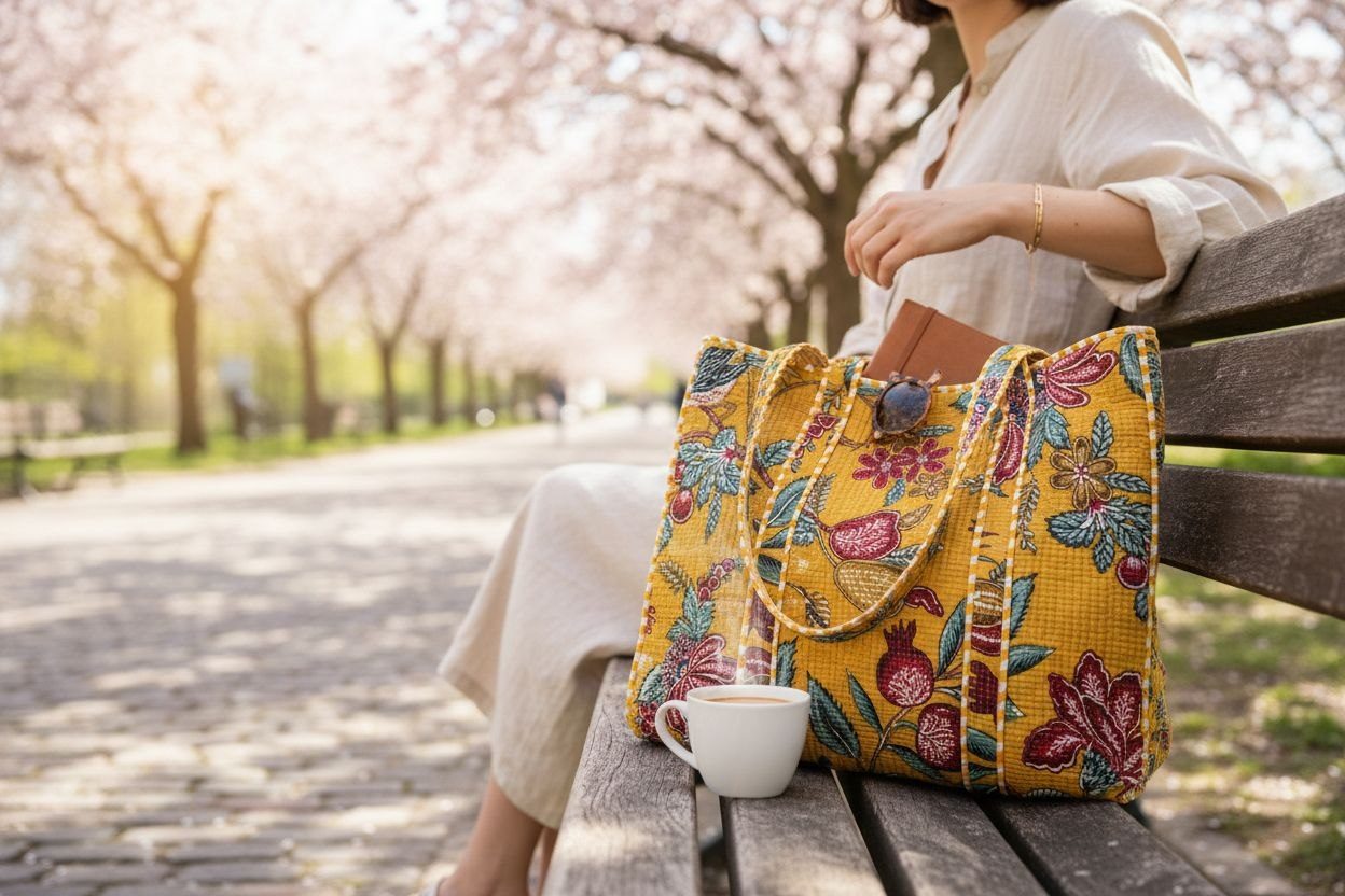 Yellow floral block print tote resting on a park bench under cherry blossom