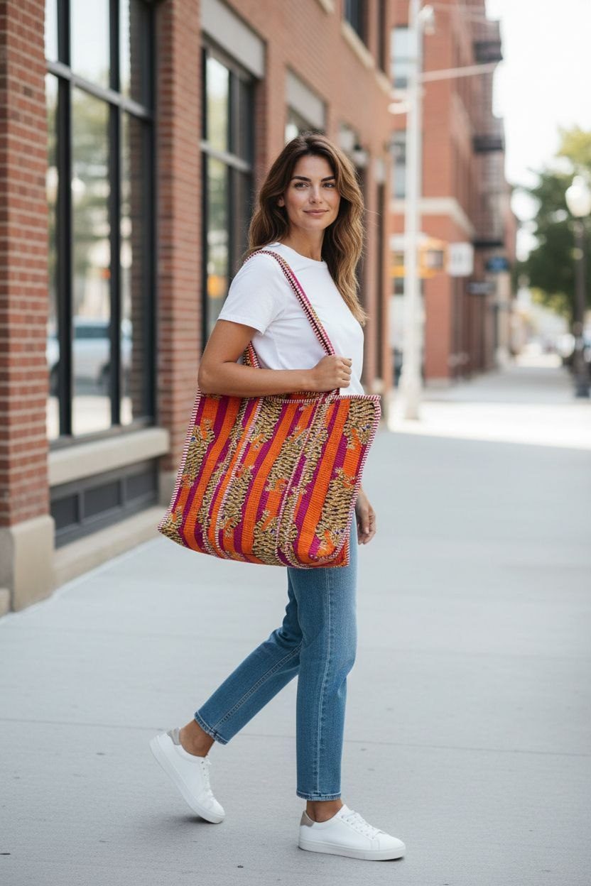 Woman walking a city street with a tiger stripe quilted cotton tote