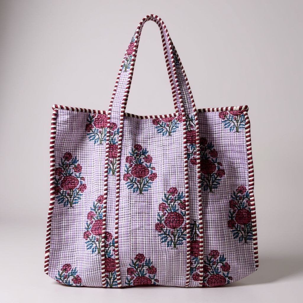 Lilac gingham floral hand block printed quilted cotton tote