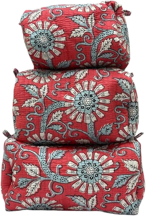 Block print toiletry pouch set — floral red